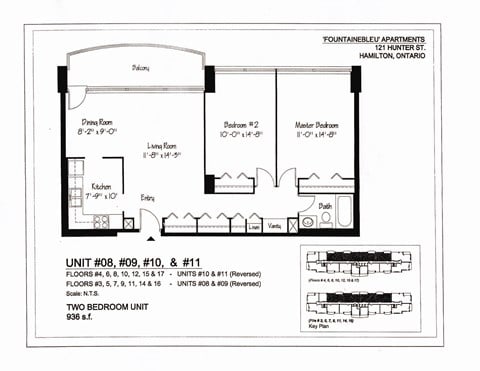 Floor plan for 2 beds, 1 bath, 965 sqft